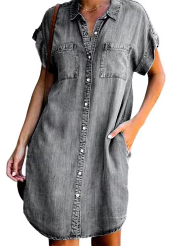 Casual Loose Pocket Single Breasted Denim Shirt Dress
