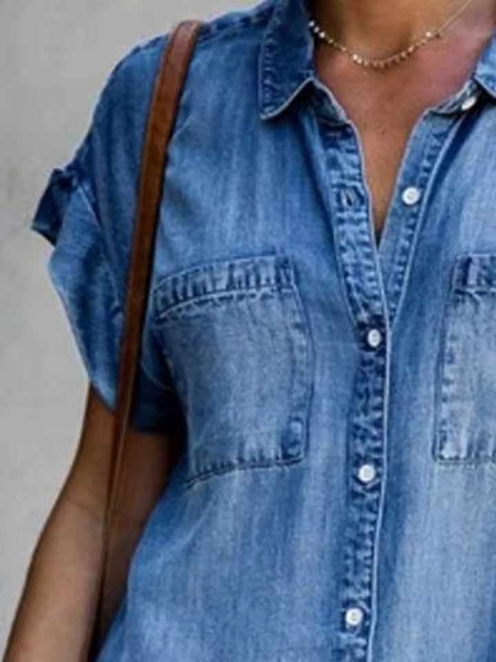 Casual Loose Pocket Single Breasted Denim Shirt Dress