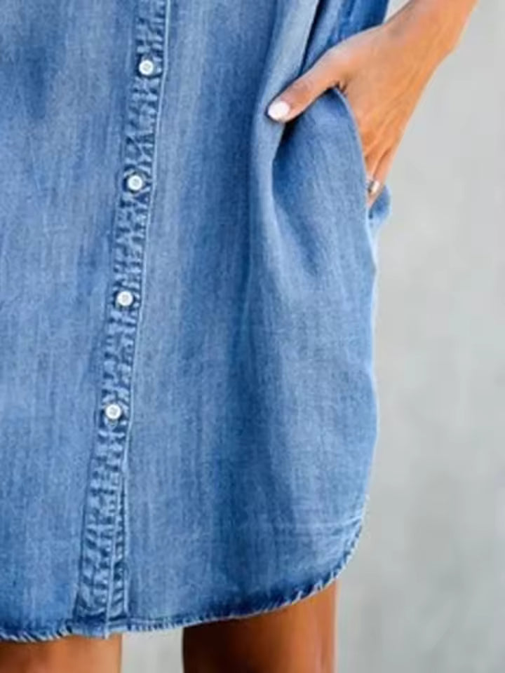 Casual Loose Pocket Single Breasted Denim Shirt Dress
