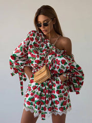 Casual Loose Print Diagonal Collar Long Sleeve Mini Dress