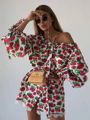 Casual Loose Print Diagonal Collar Long Sleeve Mini Dress