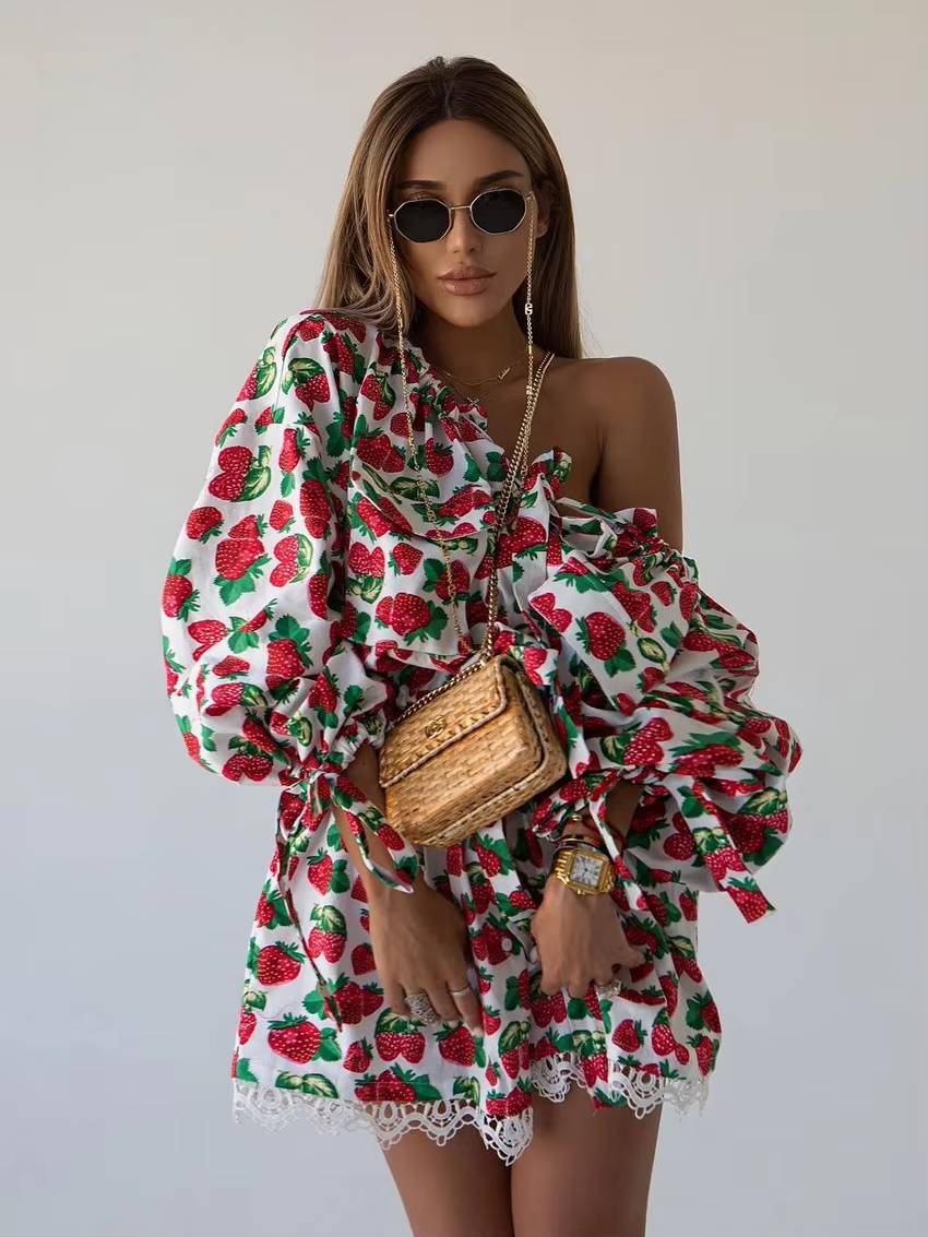 Casual Loose Print Diagonal Collar Long Sleeve Mini Dress