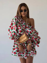 Casual Loose Print Diagonal Collar Long Sleeve Mini Dress