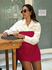 Casual Loose Shirt With Strap Mini Dress Cotton Two Pieces Set