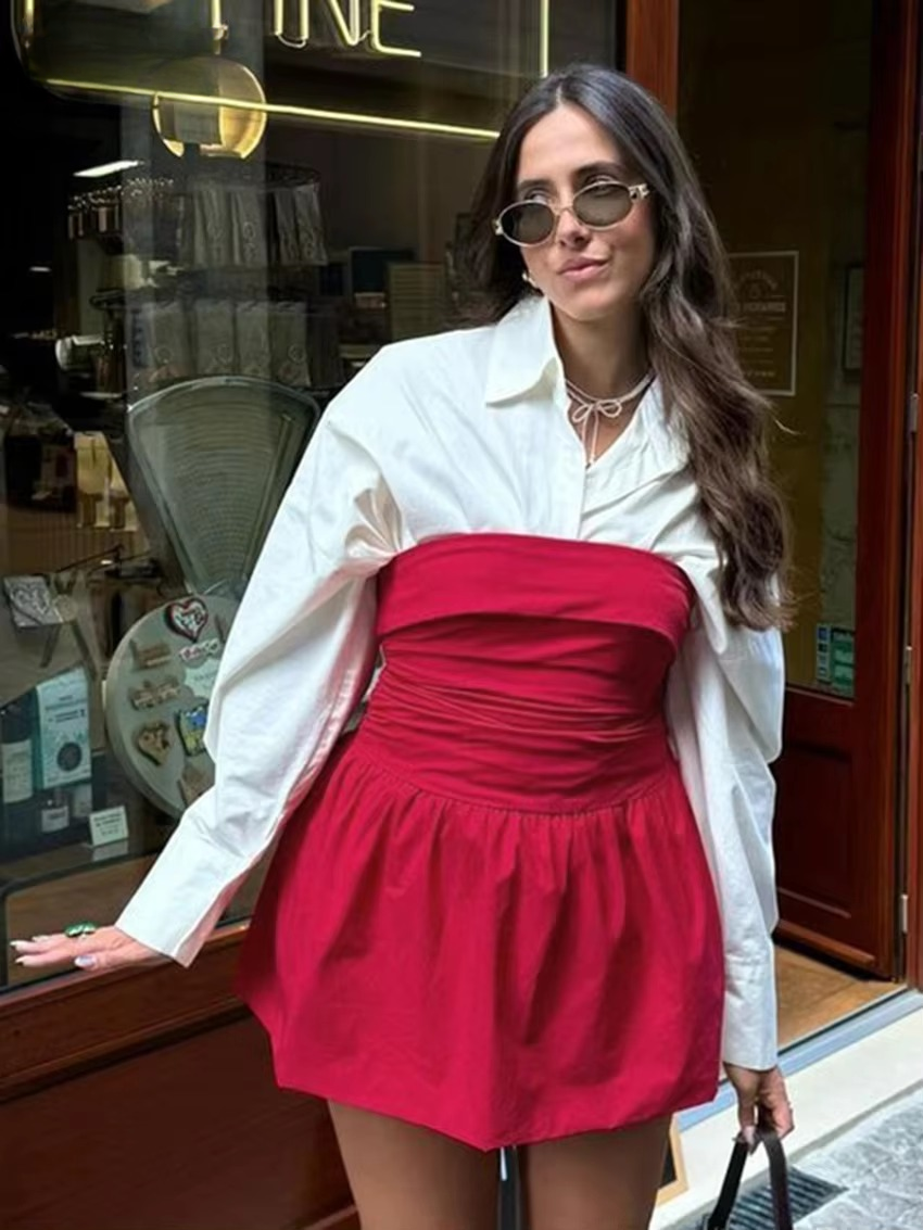 Casual Loose Shirt With Strap Mini Dress Cotton Two Pieces Set