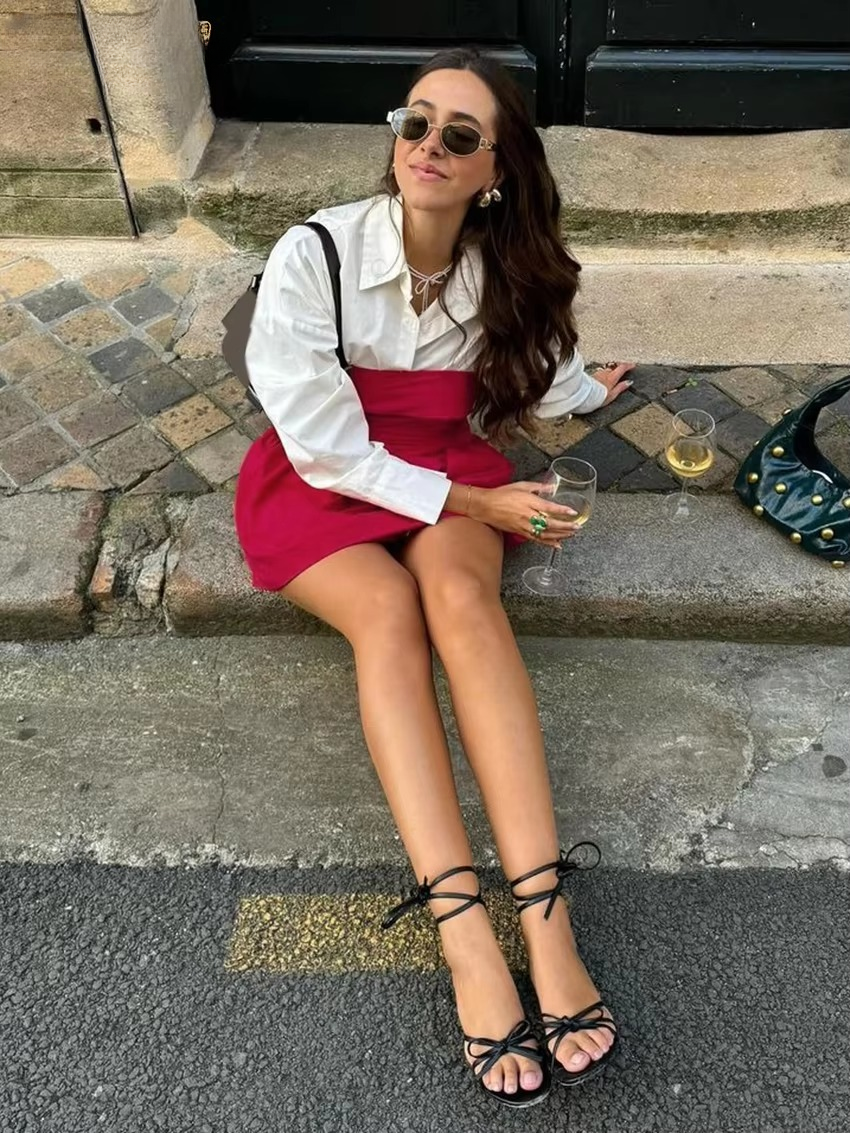 Casual Loose Shirt With Strap Mini Dress Cotton Two Pieces Set