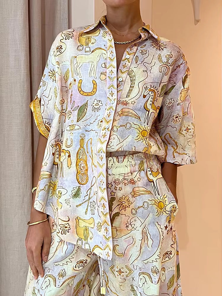 Casual Loose Single-Breasted Printing Half Sleeve Two Piece Set