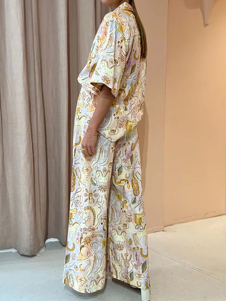 Casual Loose Single-Breasted Printing Half Sleeve Two Piece Set