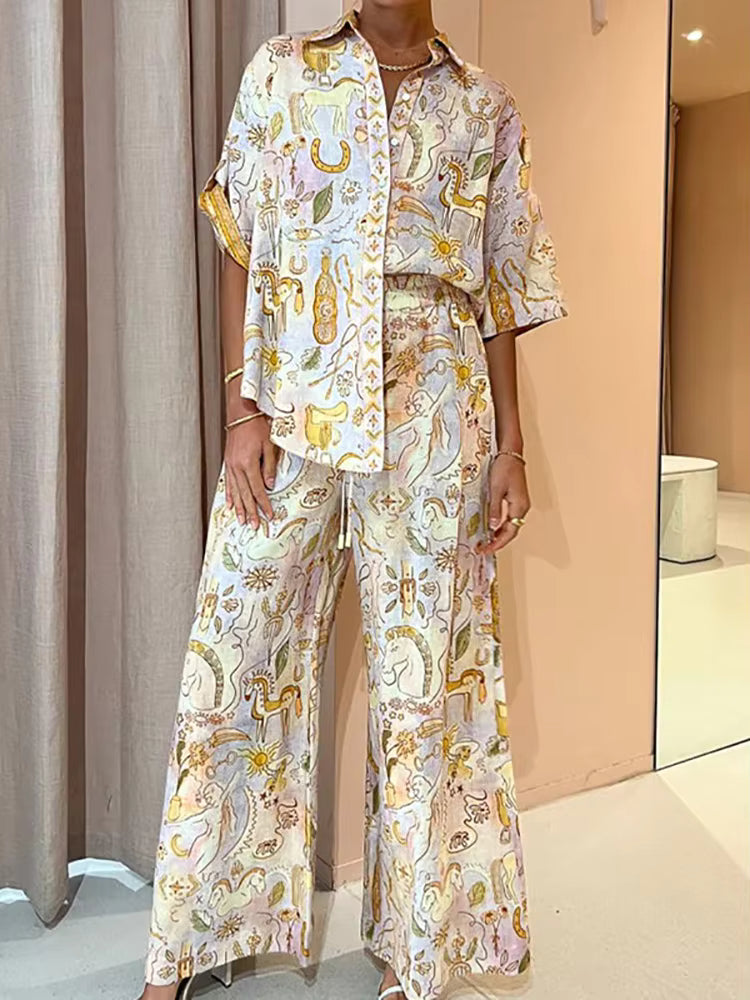 Casual Loose Single-Breasted Printing Half Sleeve Two Piece Set