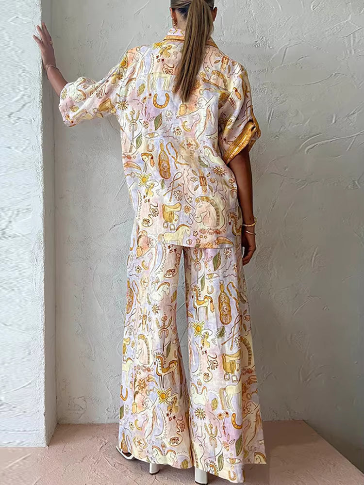 Casual Loose Single-Breasted Printing Half Sleeve Two Piece Set
