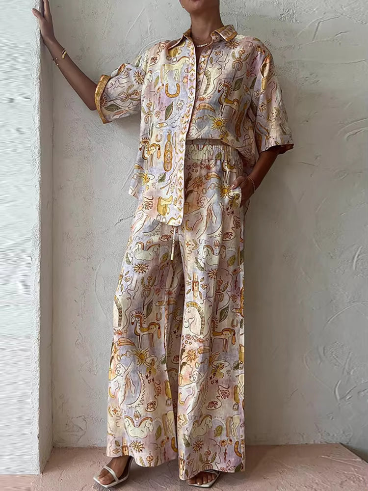Casual Loose Single-Breasted Printing Half Sleeve Two Piece Set