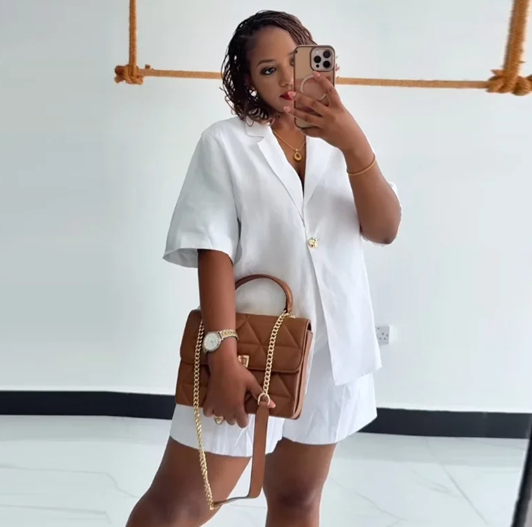Casual Loose Solid V-neck Buttons Blouse Pockets Short Pants Set