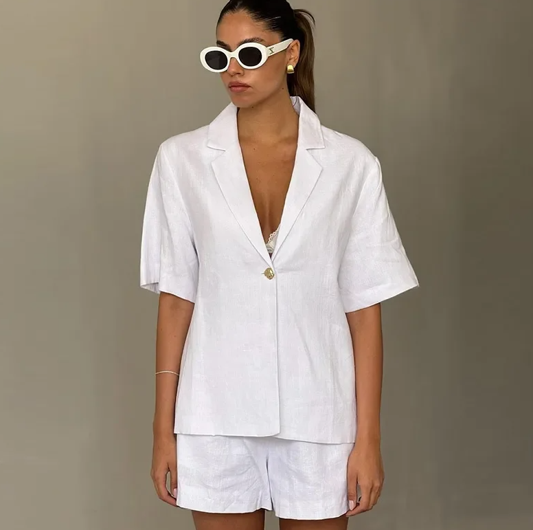 Casual Loose Solid V-neck Buttons Blouse Pockets Short Pants Set