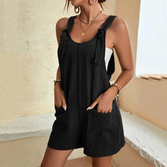 Casual Loose Solid With Pockets Short Strappy Sleeveless Jumpsuit
