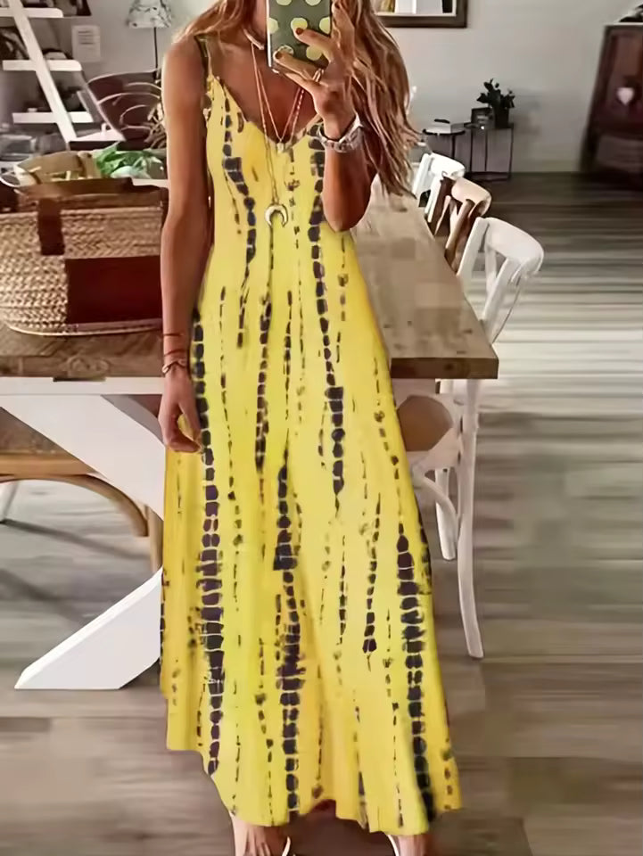 Casual Loose V-neck Tie Dye Printed Spaghetti Beach Vacation Long Dress