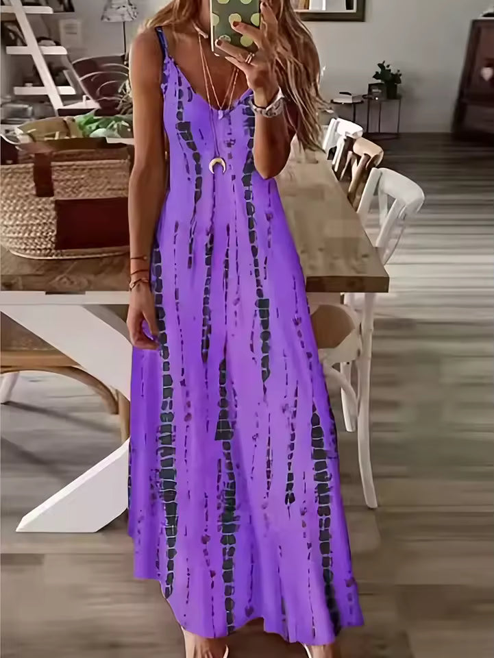 Casual Loose V-neck Tie Dye Printed Spaghetti Beach Vacation Long Dress