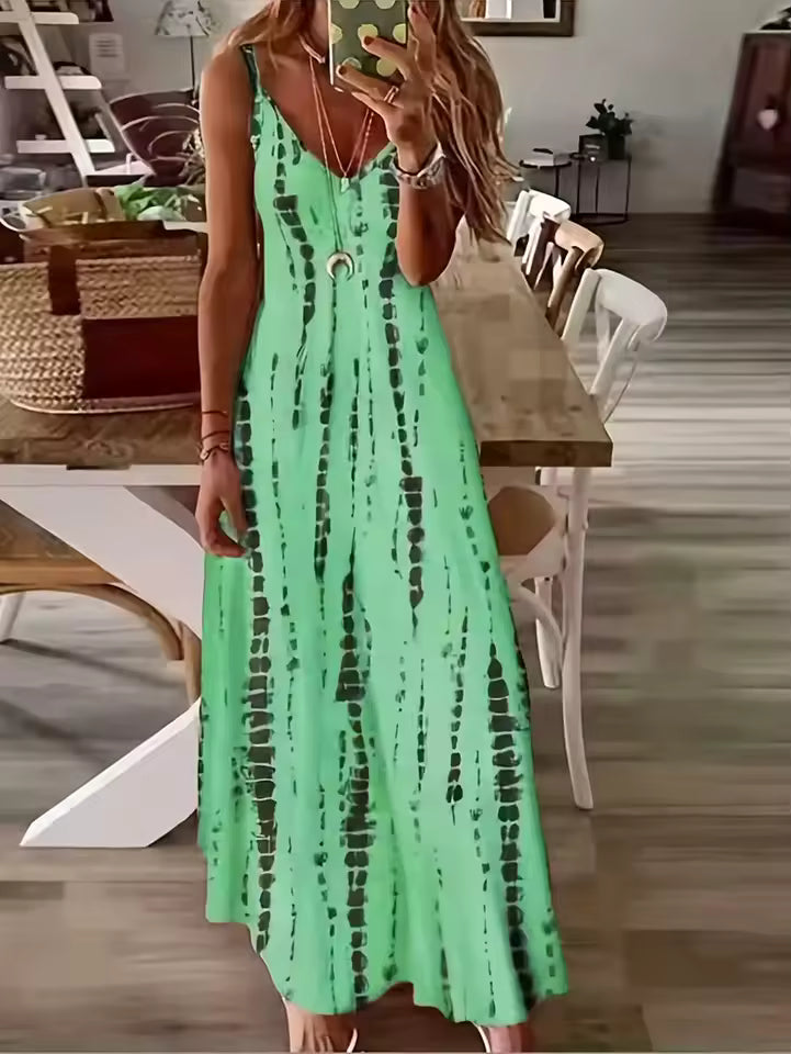 Casual Loose V-neck Tie Dye Printed Spaghetti Beach Vacation Long Dress