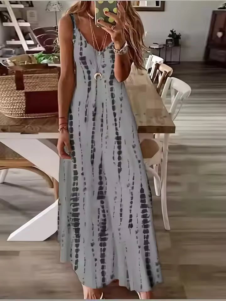 Casual Loose V-neck Tie Dye Printed Spaghetti Beach Vacation Long Dress