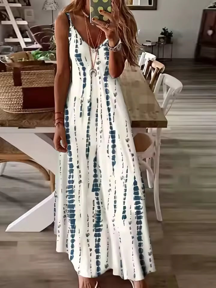 Casual Loose V-neck Tie Dye Printed Spaghetti Beach Vacation Long Dress