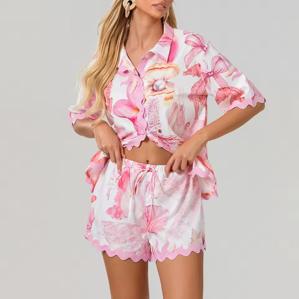 Casual Lounge Printed Outfits Short Sleeve Button Two Piece Set