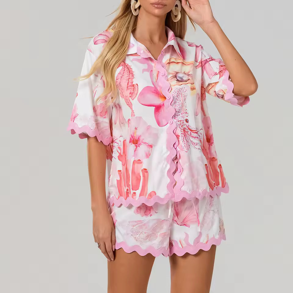 Casual Lounge Printed Outfits Short Sleeve Button Two Piece Set