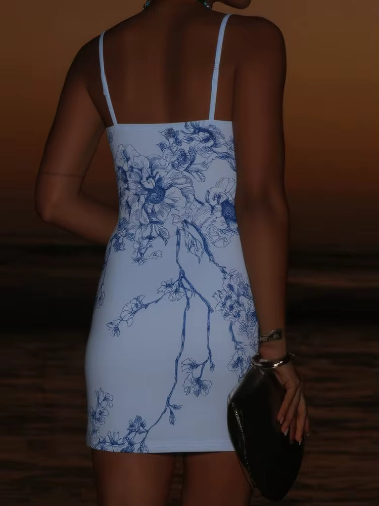 Casual Low-Neck Backless V-Neck Sleeveless Flower Print Mini Dress