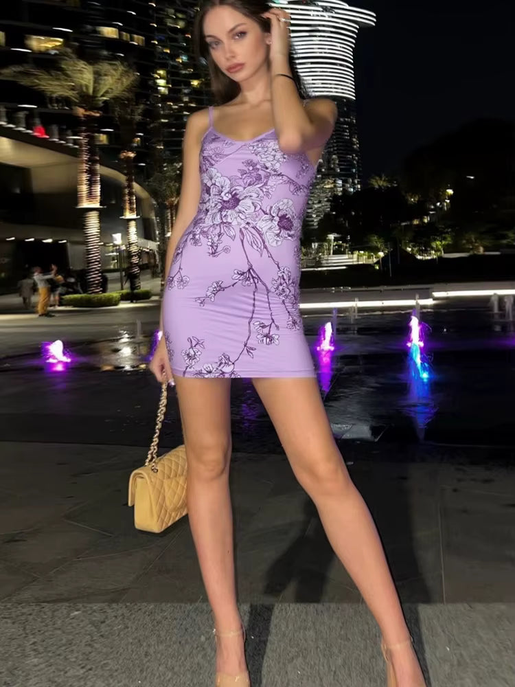 Casual Low-Neck Backless V-Neck Sleeveless Flower Print Mini Dress