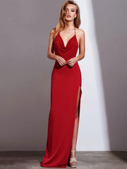 Casual Maxi Halter Dress Backless Split Slipdress