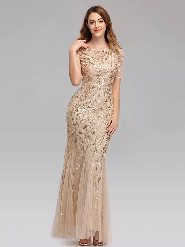 Casual Mermaid Prom Short Sleeves Formal Maxi Dress