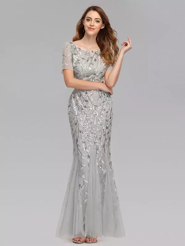 Casual Mermaid Prom Short Sleeves Formal Maxi Dress