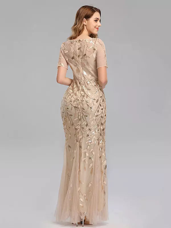 Casual Mermaid Prom Short Sleeves Formal Maxi Dress