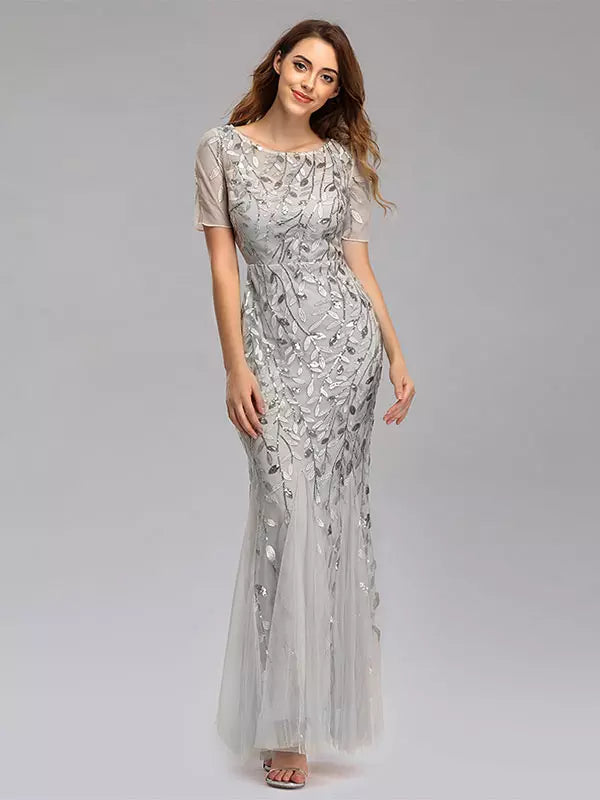 Casual Mermaid Prom Short Sleeves Formal Maxi Dress