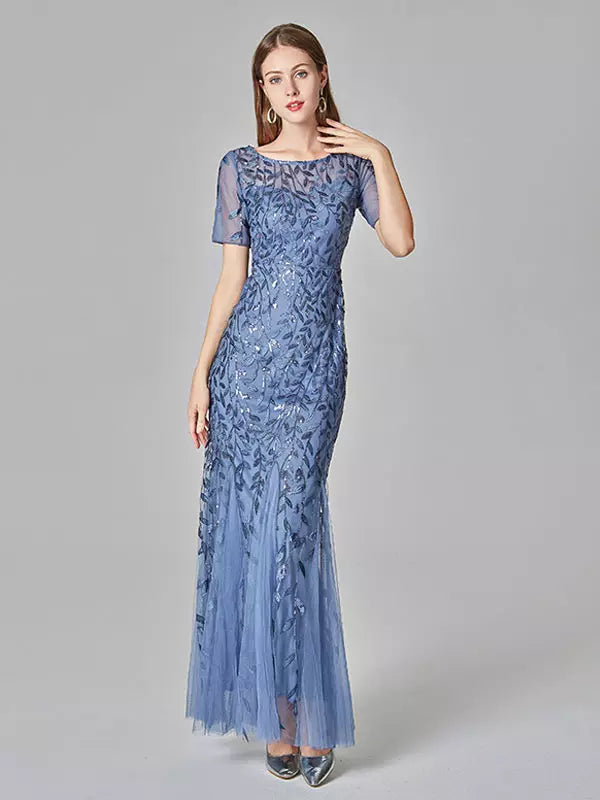 Casual Mermaid Prom Short Sleeves Formal Maxi Dress