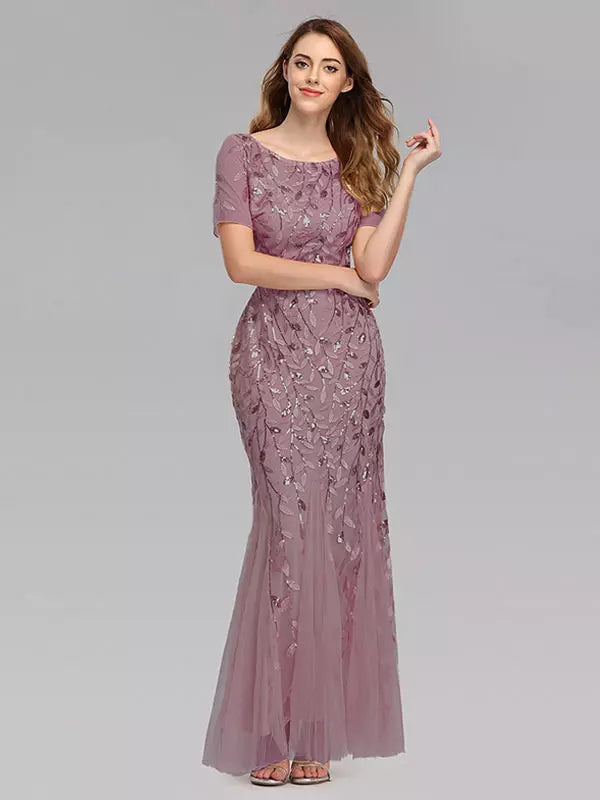 Casual Mermaid Prom Short Sleeves Formal Maxi Dress