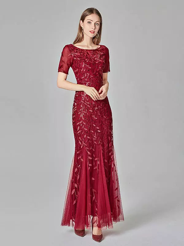 Casual Mermaid Prom Short Sleeves Formal Maxi Dress