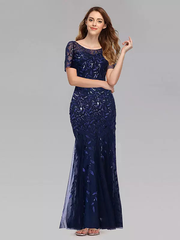 Casual Mermaid Prom Short Sleeves Formal Maxi Dress