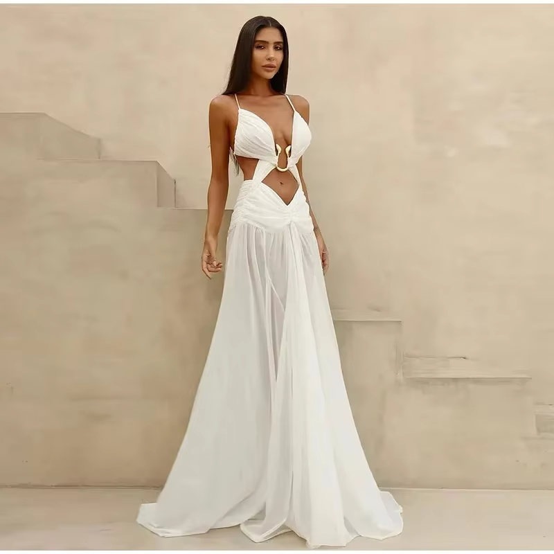 Casual Mesh Hollow Out Party Dress Sleeveless Backless Pleated Long Dresses
