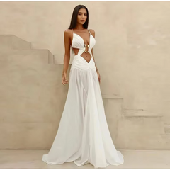 Casual Mesh Hollow Out Party Dress Sleeveless Backless Pleated Long Dresses