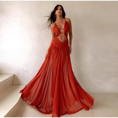 Casual Mesh Hollow Out Party Dress Sleeveless Backless Pleated Long Dresses