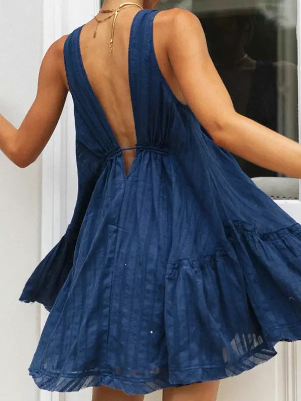 Casual Natural Waistline Sleeveless Lantern Sleeve V-Neck Tie Front Mini