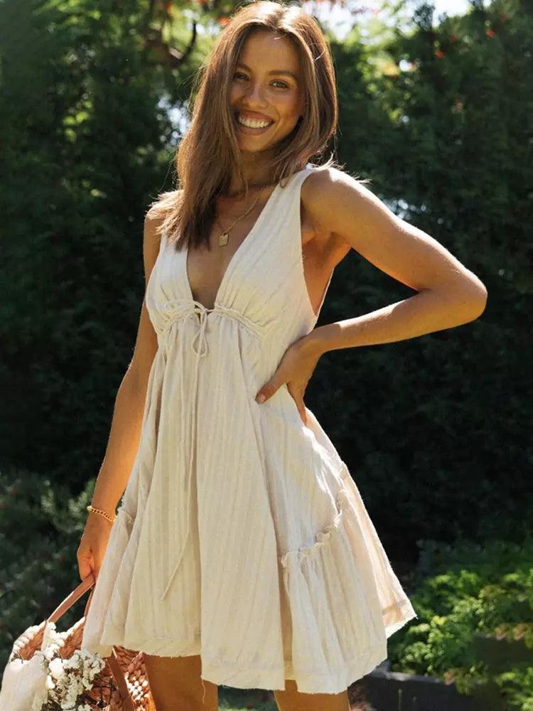 Casual Natural Waistline Sleeveless Lantern Sleeve V-Neck Tie Front Mini