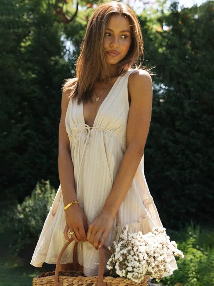 Casual Natural Waistline Sleeveless Lantern Sleeve V-Neck Tie Front Mini