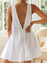 Casual Natural Waistline Sleeveless Lantern Sleeve V-Neck Tie Front Mini