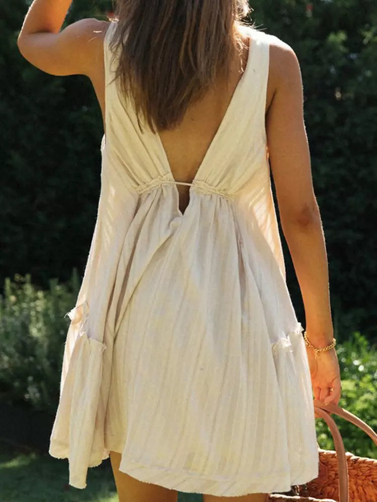 Casual Natural Waistline Sleeveless Lantern Sleeve V-Neck Tie Front Mini