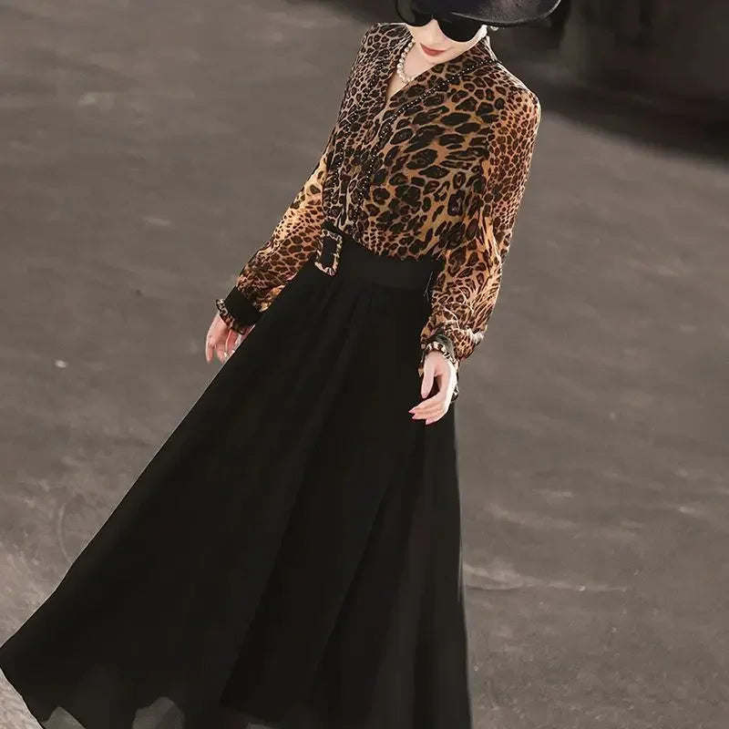 Casual Style Retro Print Fake Spliced long-sleeved V-neck Two-piece