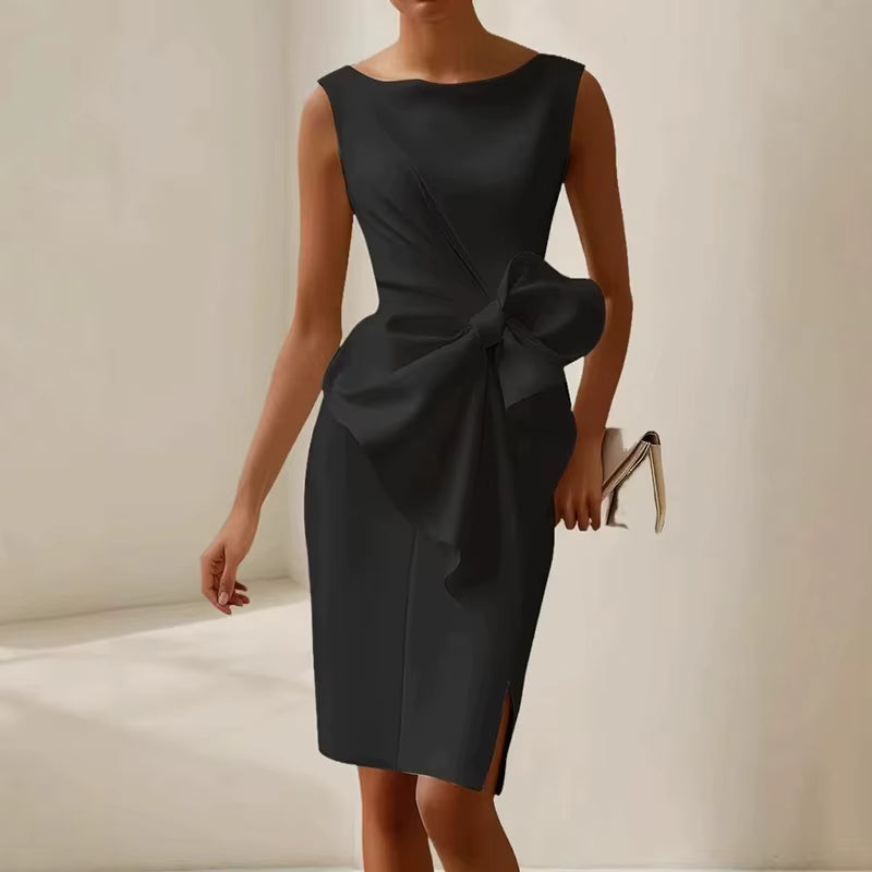 Casual O Neck Bowknot Slim Solid Sleeveless Hollow Party Mini Dress