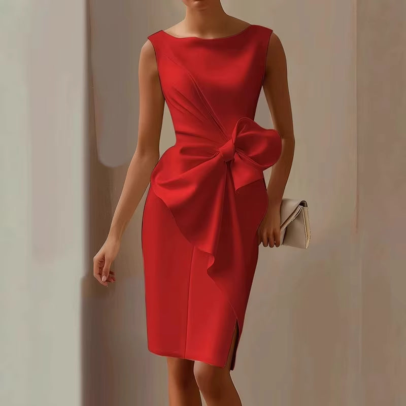 Casual O Neck Bowknot Slim Solid Sleeveless Hollow Party Mini Dress