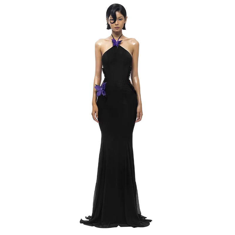 Elegant Off Shoulder Butterfly Appliques See Through Hollow Out Halter Maxi Dress