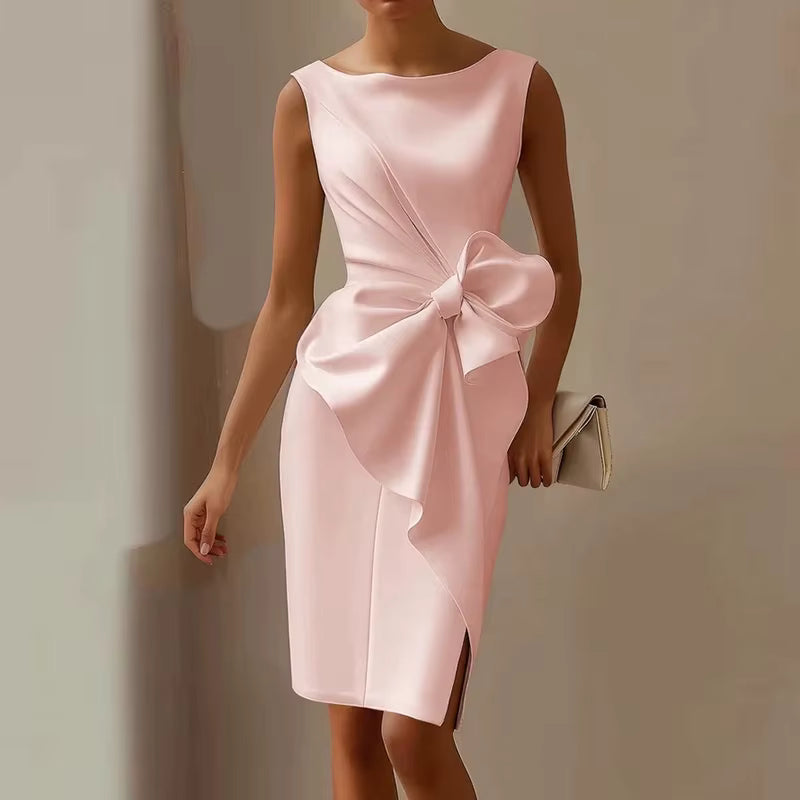Casual O Neck Bowknot Slim Solid Sleeveless Hollow Party Mini Dress