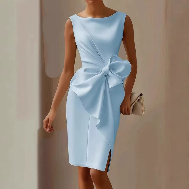 Casual O Neck Bowknot Slim Solid Sleeveless Hollow Party Mini Dress